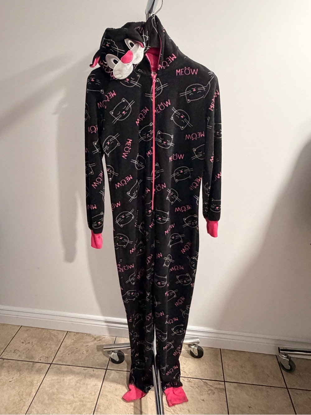 Sleep Riot Cozy Black & Pink 'Meow' Cat Onesie with Hood